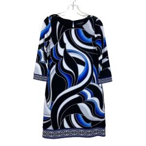 White House Black Market Women's Sheath Dress Size S Black Blue Geometric Art